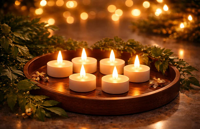 Pack of 06 LED Tealight Candles – Battery Operated Flameless & Smokeless Decorative Diyas for Diwali, Pooja & Home Decoration, Warm Yellow Tea Lights for Festival & Party Décor